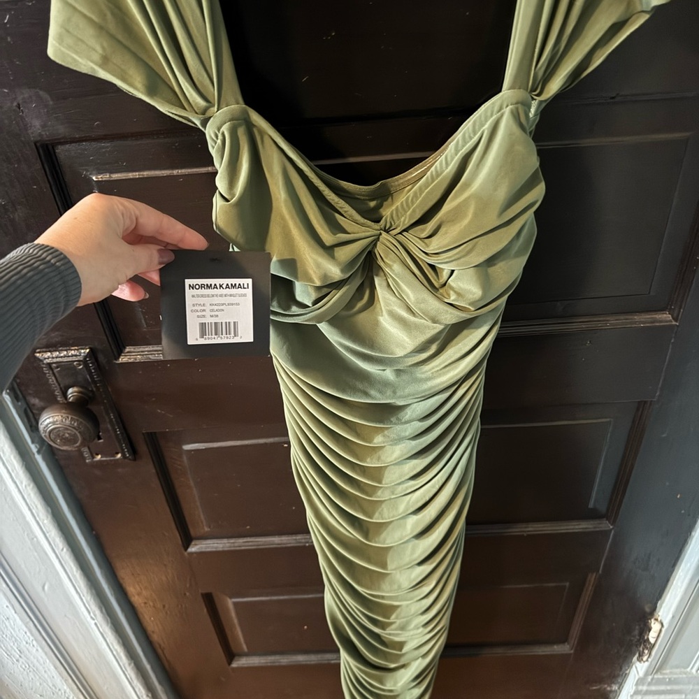 Norma Kamali Walter Dress - Olive Green Ruched Midi Dress celadon - Picture 3 of 6